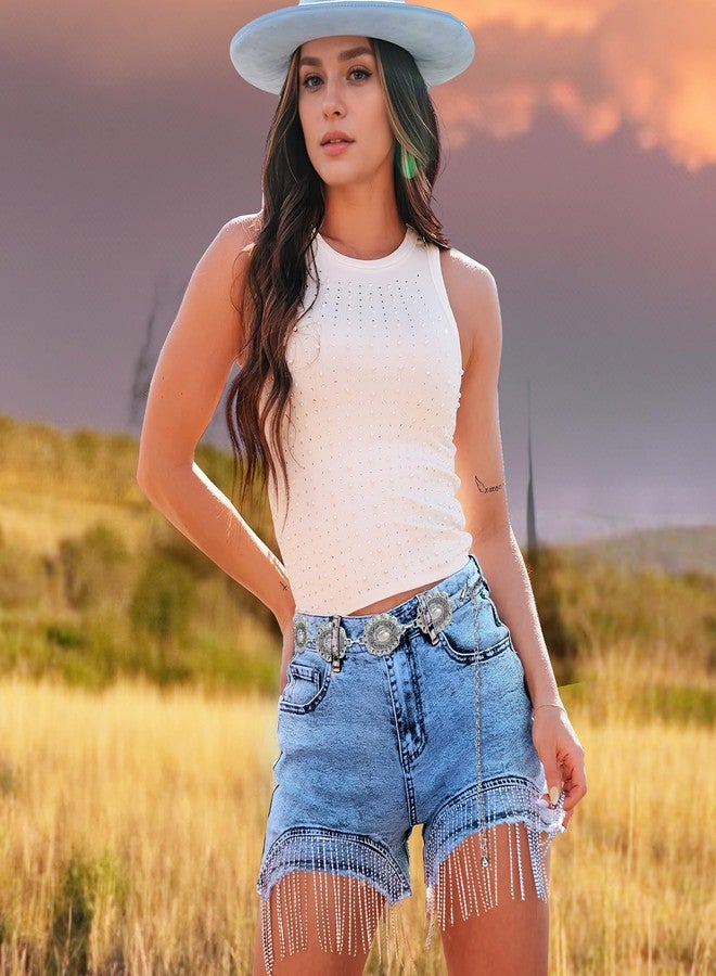 VONMELLI Western Belts for Woman Cowgirl Boho Concho Chain Waist Belt for Country Concert Dresses Jeans Silver-Shiny L - Image 3